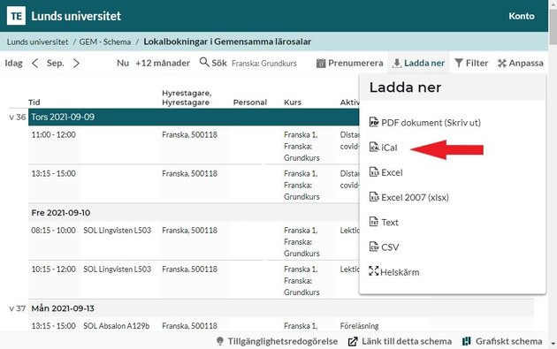 Exportera bokningar från TimeEdit