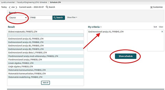 The image show how to find a course at LTH