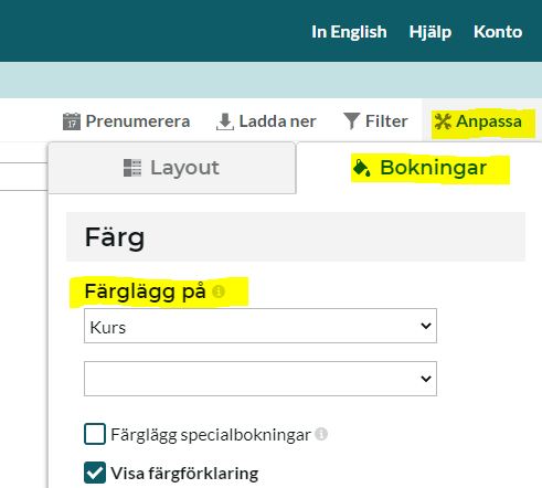 Bilden visar färgläggning av bokningar i TimeEdit Viewer